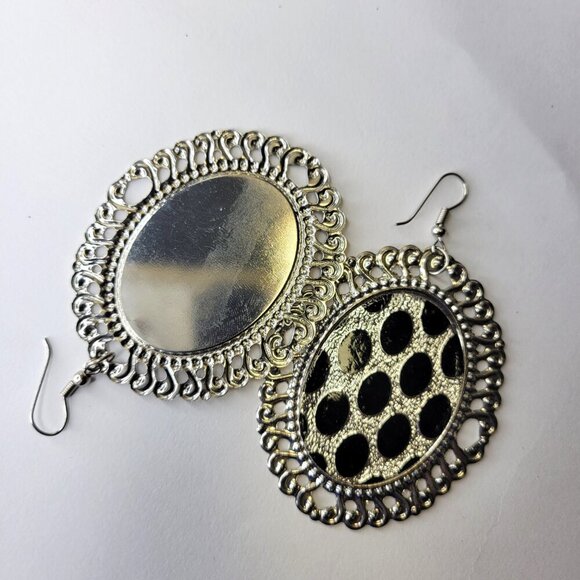 Silve and Black Oval Earrings Gold Filigree Oval Earrings Large Glitter Earrings - Picture 3 of 5